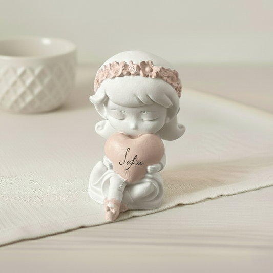 Bomboniera artigianale in ceramica con cuore rosa e nome personalizzato, ideale per battesimo, comunione e cresima