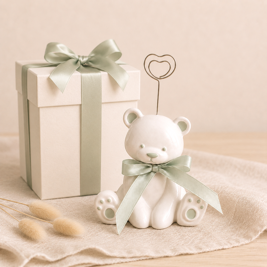 Bomboniera artigianale Teddy Memories orsetto portafoto verde in ceramica con confezione regalo, ideale come bomboniera per matrimonio, battesimo, nascita, baby shower ed eventi speciali
