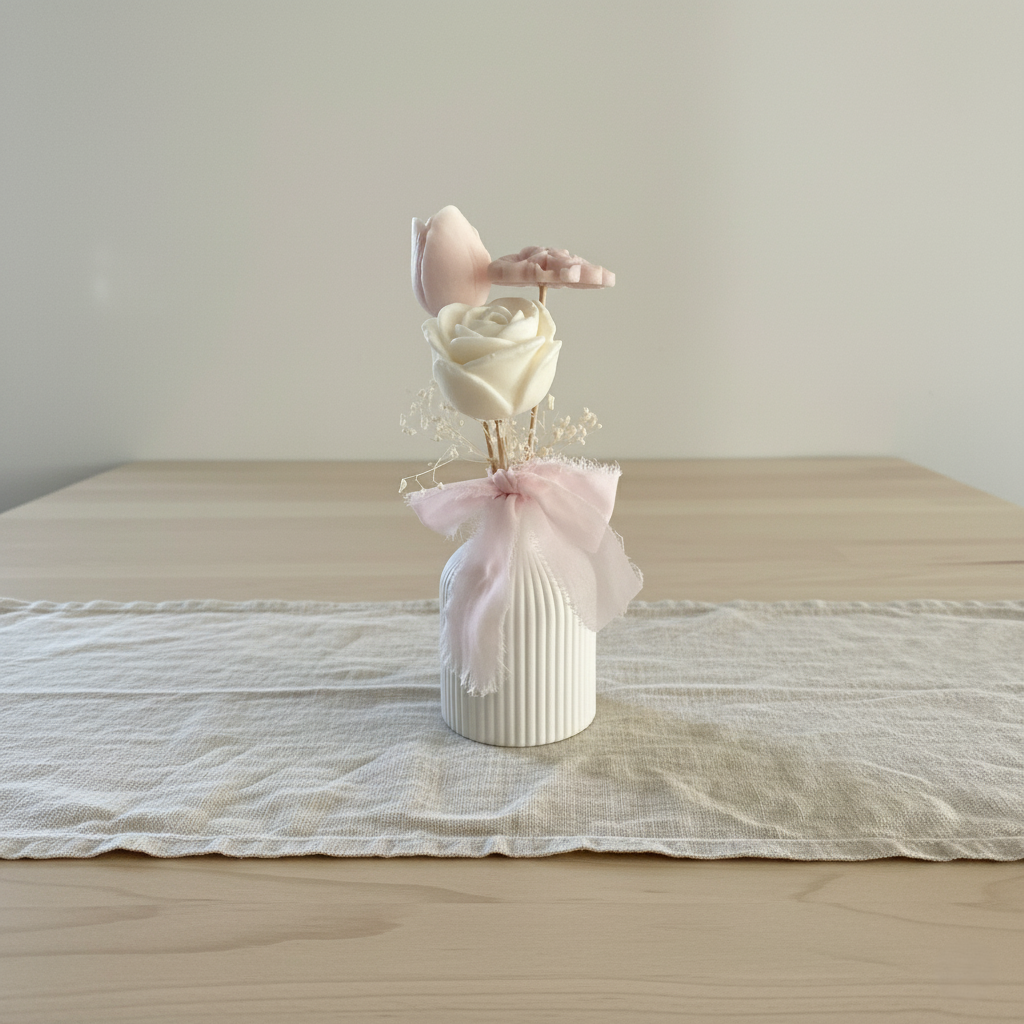Vaso Minimal Bloom con fiori decorativi in cera di soia, bomboniera artigianale elegante per matrimoni, comunioni ed eventi