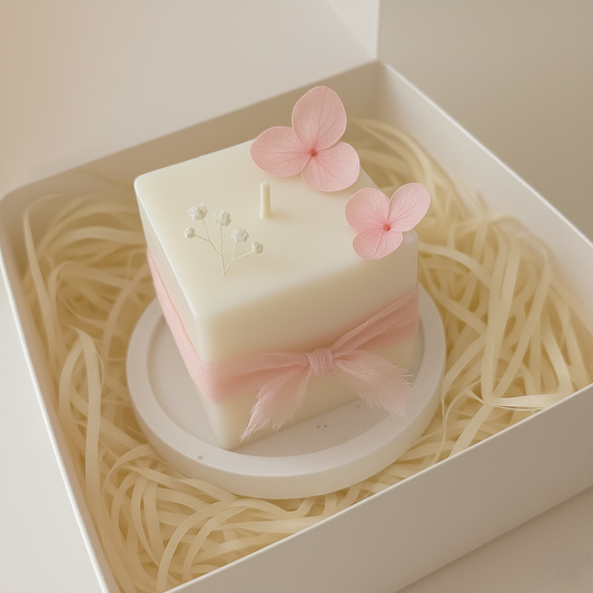 candela decorativa in cera di soia con fiori secchi rosa e base in ceramica