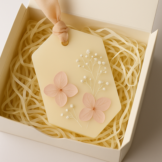 Cialda botanica profumata esagonale in cera di soia naturale con fiori secchi rosa, ideale come profumatore per armadi e cassetti