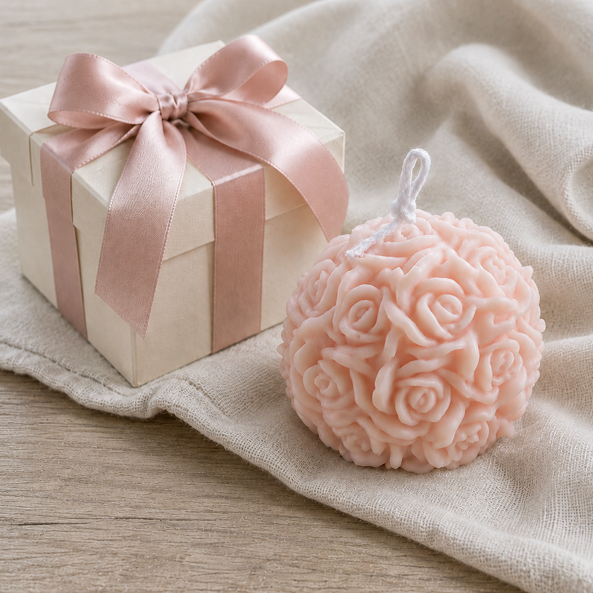 candela artigianale in cera di soia naturale a forma sferica con intreccio di rose, ideale come bomboniera per matrimonio ed eventi speciali.