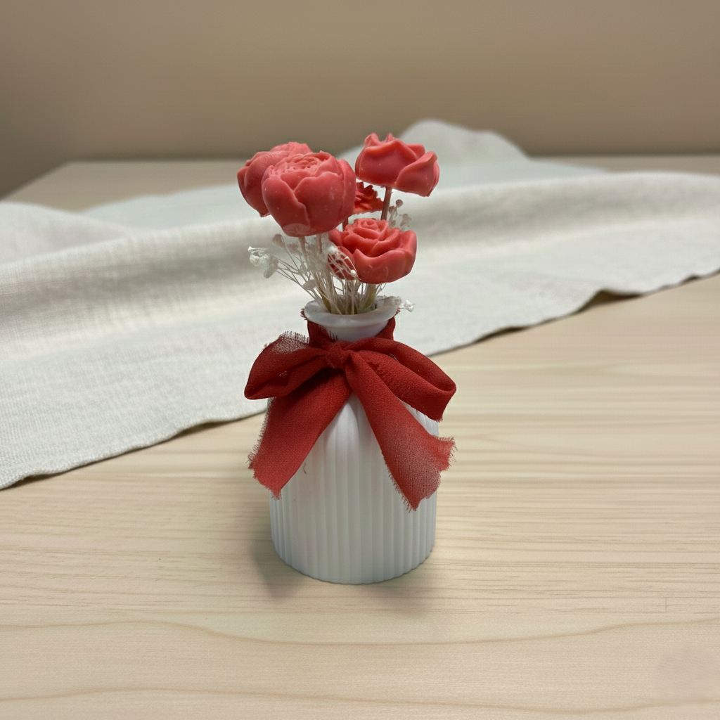 Vaso artigianale in polvere di ceramica con  rose rosse in cera di soia. Idea regalo San Valentino