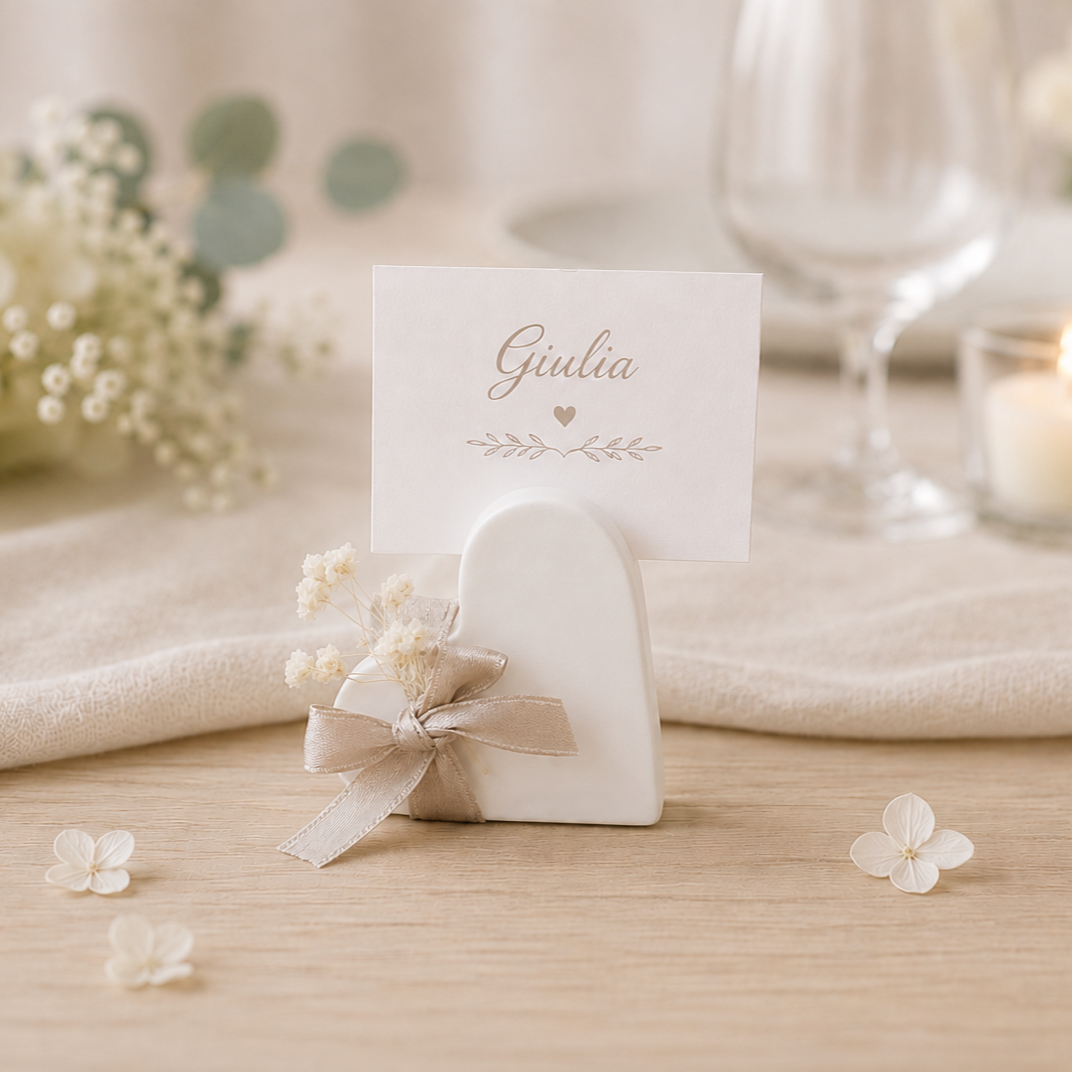 Segnaposto a forma di cuore in polvere di ceramica, personalizzato con il nome degli invitati o una frase speciale. Ideale per matrimoni, comunioni ed eventi speciali