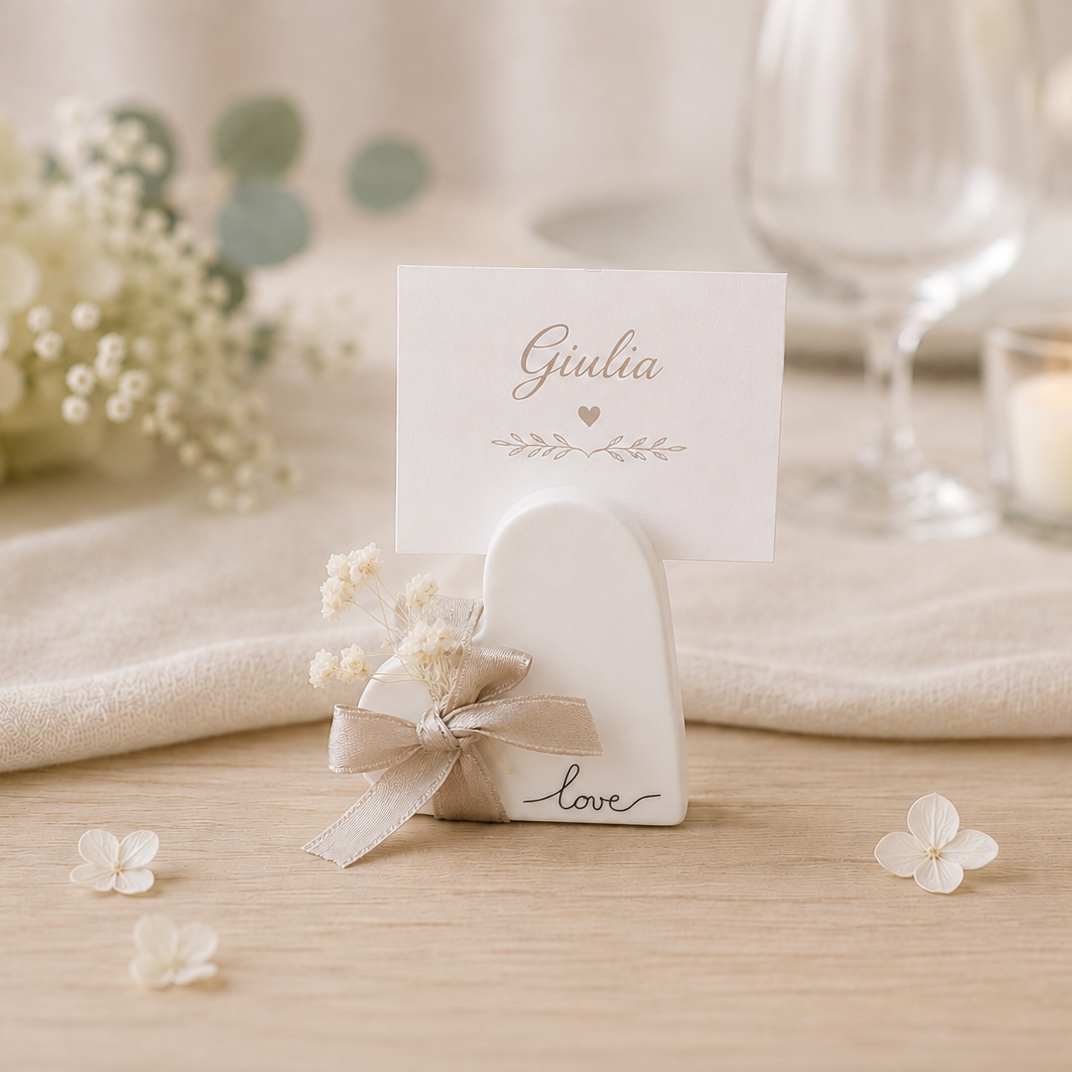Segnaposto a forma di cuore con scritta a mano e personalizzato con il nome degi invitati o una frase speciale, ideale per matrimoni, comunioni ed eventi speciali