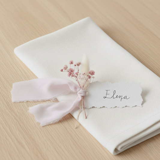 Segnaposto artigianale nominale con fiori secchi e nastro rosa, ideale per cerimonie ed eventi