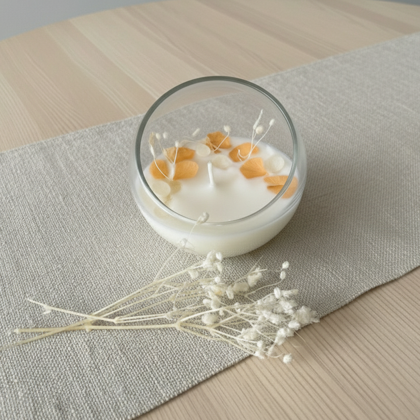 Candela botanica artigianale in cera di soia con fiori essiccati arancioni in contenitore sferico di vetro, bomboniera per matrimoni, comunioni ed eventi speciali