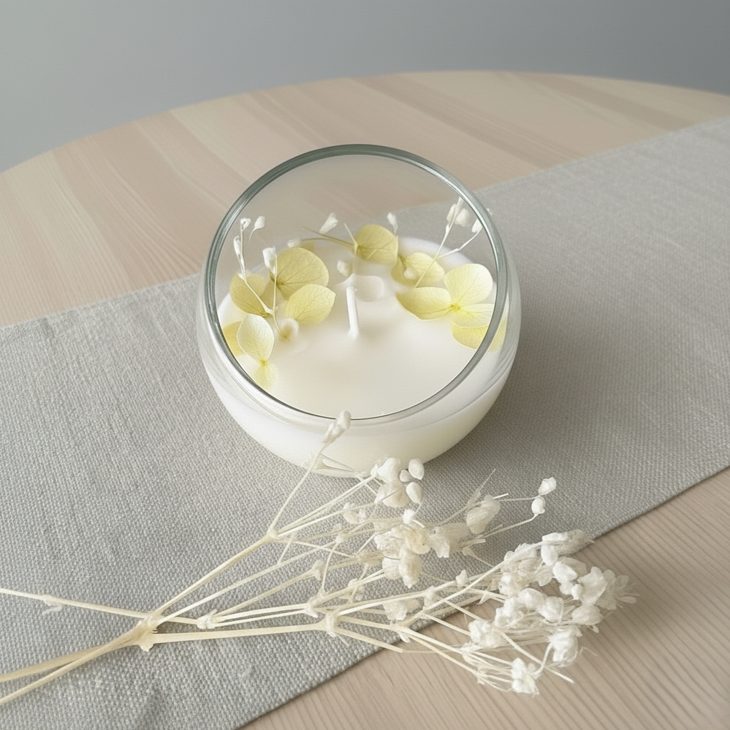 Candela botanica artigianale in cera di soia con fiori essiccati gialli in contenitore sferico di vetro, bomboniera per matrimoni, comunioni ed eventi speciali