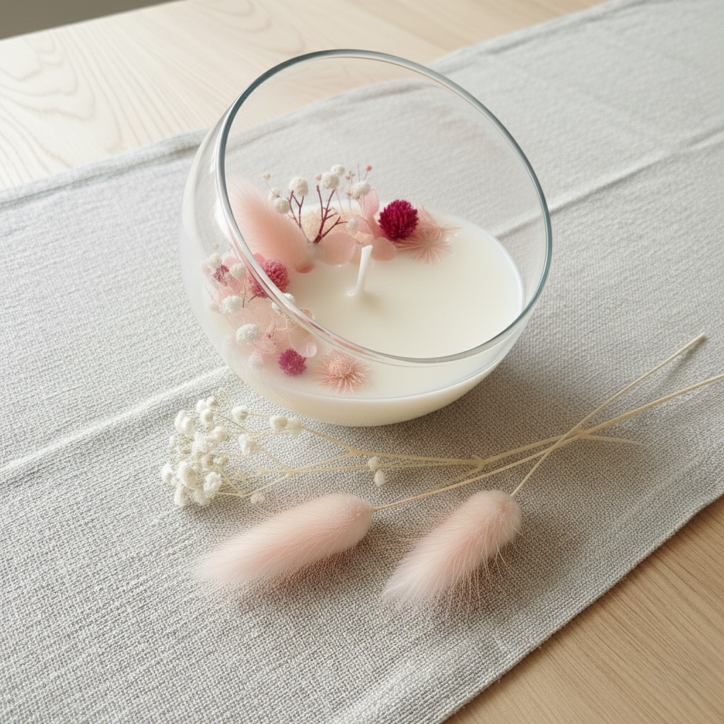 Bomboniera candela artigianale in cera di soia naturale con fiori essiccati rosa in contenitore di vetro obliquo.