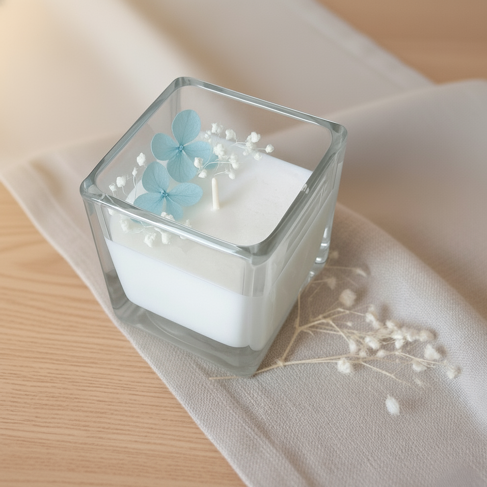 Candela botanica artigianale in cera di soia con fiori essiccati azzurri in contenitore quadrato di vetro, bomboniera elegante per matrimoni ed eventi