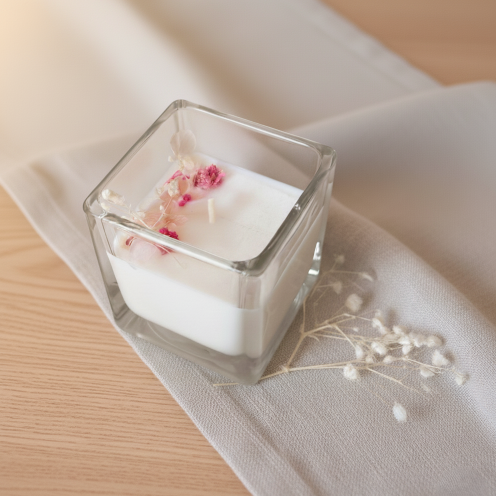 Candela botanica artigianale in cera di soia con fiori essiccati rosa in contenitore quadrato di vetro, bomboniera elegante per matrimoni ed eventi