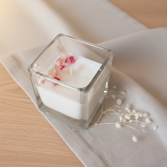 Candela botanica artigianale in cera di soia con fiori essiccati rosa in contenitore quadrato di vetro, bomboniera elegante per matrimoni ed eventi