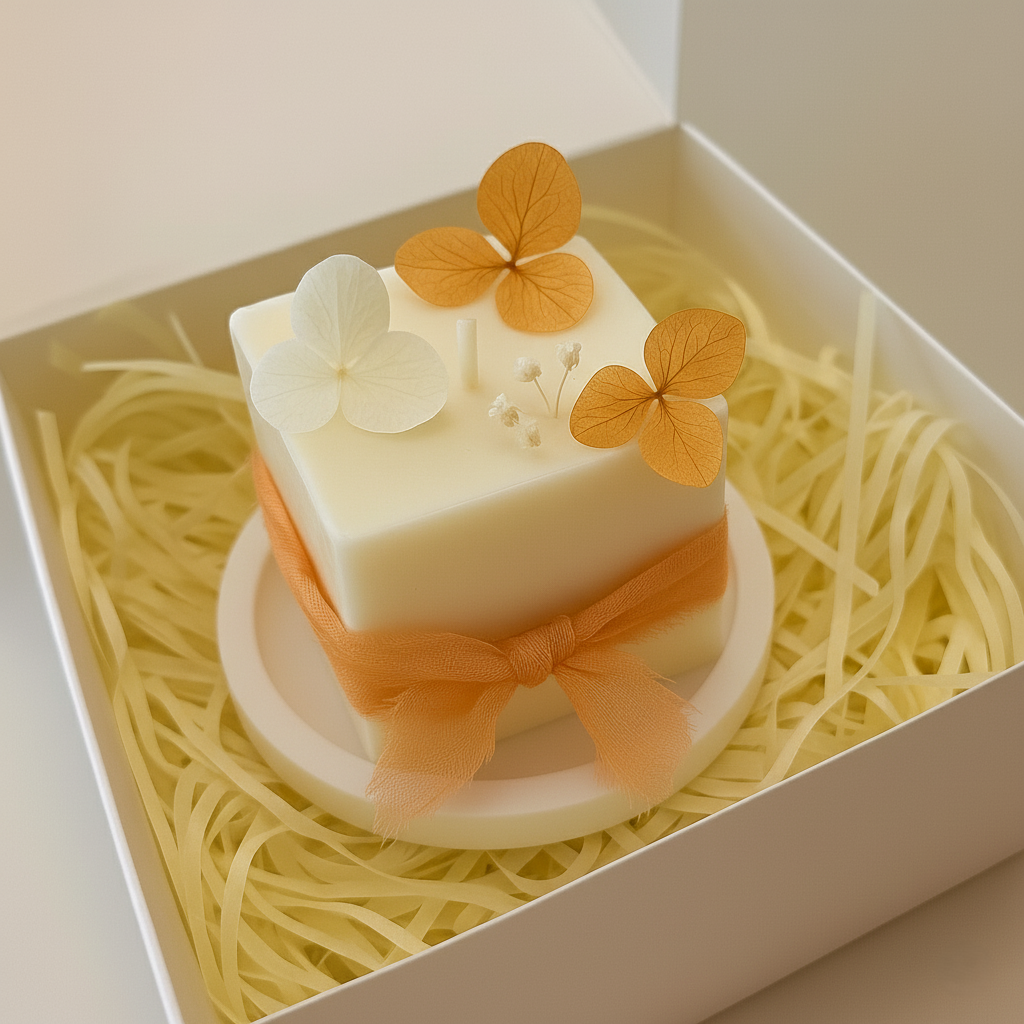 Bomboniera con candela artigianale in cera di soia, fiori essiccati arancioni e base in polvere di ceramica inclusa, ideale per matrimonio, comunione o evento speciale