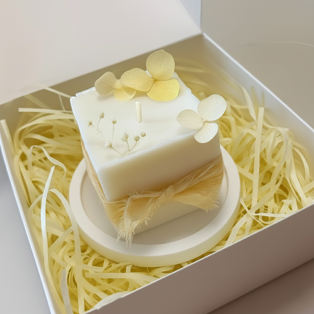 Bomboniera con candela artigianale in cera di soia, fiori essiccati gialli e base in polvere di ceramica inclusa, ideale per matrimonio, comunione o evento speciale