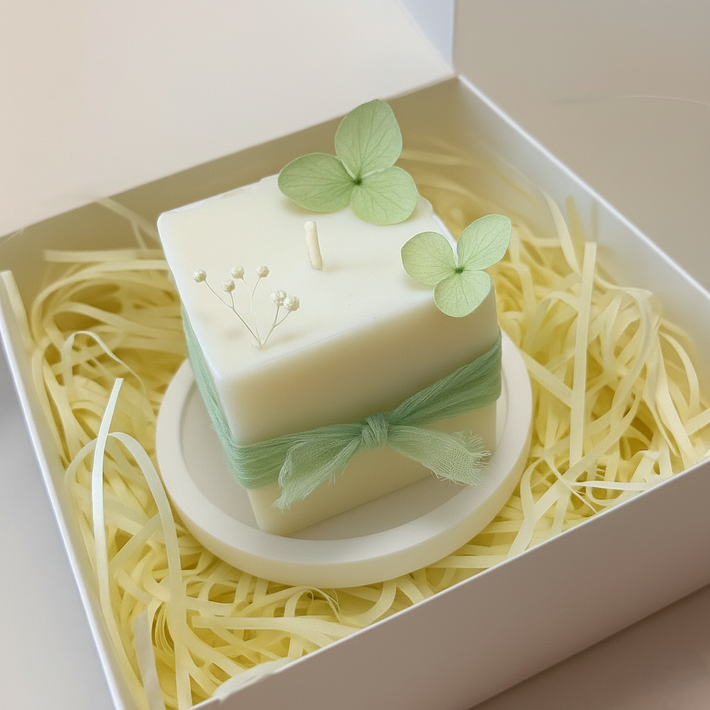 Bomboniera con candela artigianale in cera di soia, fiori essiccati verdi e base in polvere di ceramica inclusa, ideale per matrimonio, comunione o evento speciale