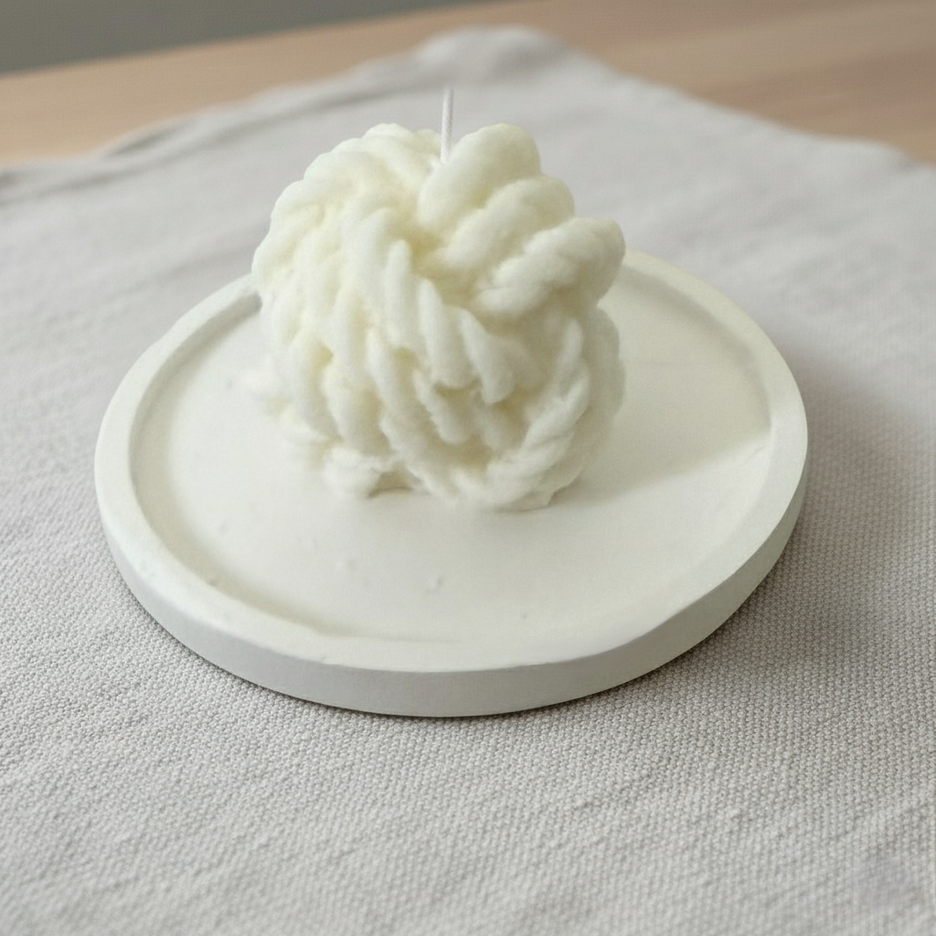 Bomboniera candela decorativa artigianale in cera di soia naturale a forma di nodo su una base rotonda in polvere di ceramica