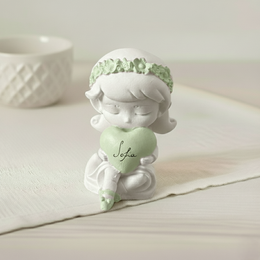 Bomboniera artigianale in ceramica con cuore verde e nome personalizzato, ideale per battesimo, comunione e cresima
