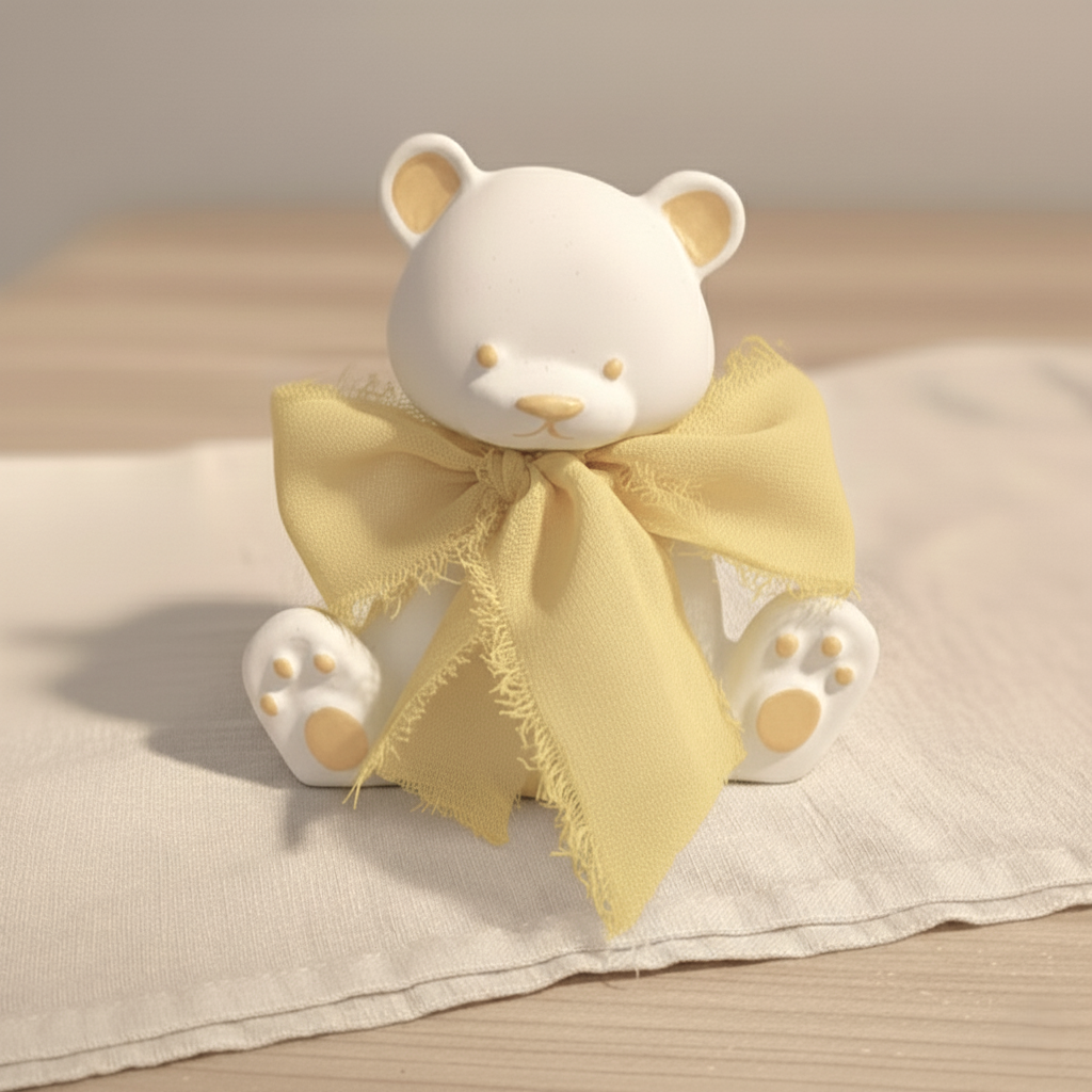 Bomboniera artigianale a forma di orsetto in ceramica con dettagli gialli e nastro in chiffon giallo, ideale per baby shower, nascita, battesimo