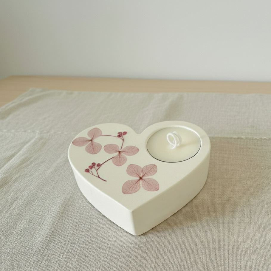 Bomboniera portacandela con tealight in cera di soia e petali rosa di ortensia essiccata, ideale per matrimonio, anniversario, comunione, battesimo ed eventi speciali