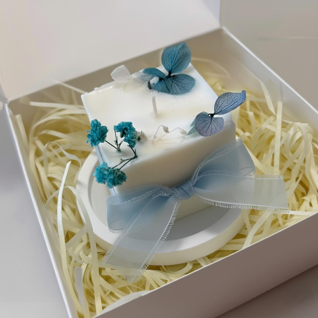 candela decorativa in cera di soia con fiori secchi azzurri e base in ceramica 