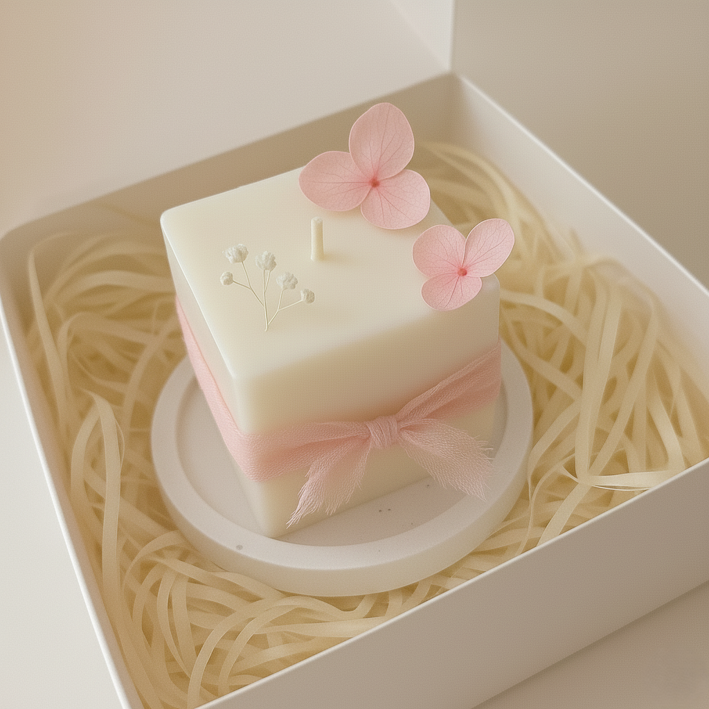 candela decorativa in cera di soia con fiori secchi rosa e base in ceramica 