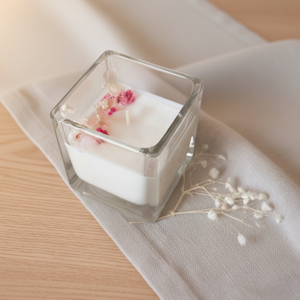 Candela decorativa in cera di soia con fiori secchi rosa e contenitore in vetro quadrato