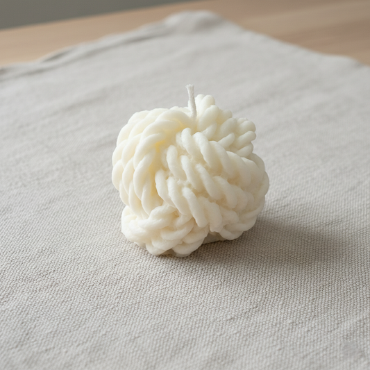 Candela decorativa Macramè in cera di soia naturale, dalla forma a nodo intrecciato, complemento d’arredo per la casa dallo stile essenziale e raffinato.
