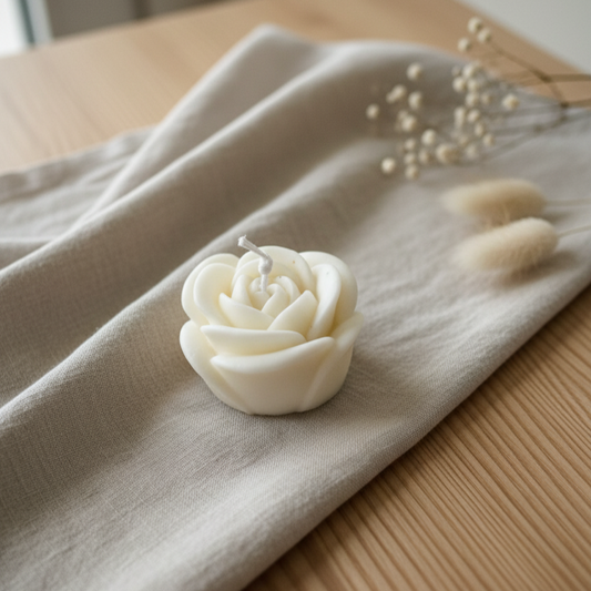 Candela decorativa artigianale in cera di soia naturale a forma di rosa, ideale per cerimonie ed eventi