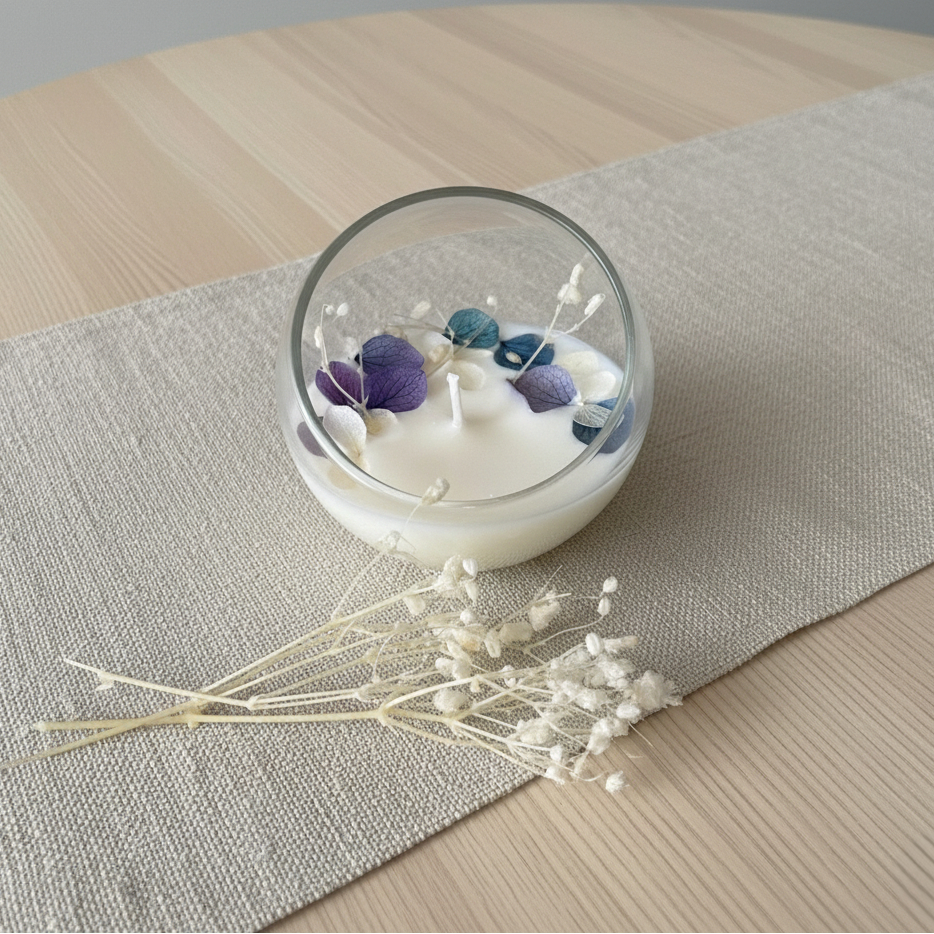 Candela decorativa artigianale in cera di soia con fiori essiccati azzurri in contenitore in vetro sferico.