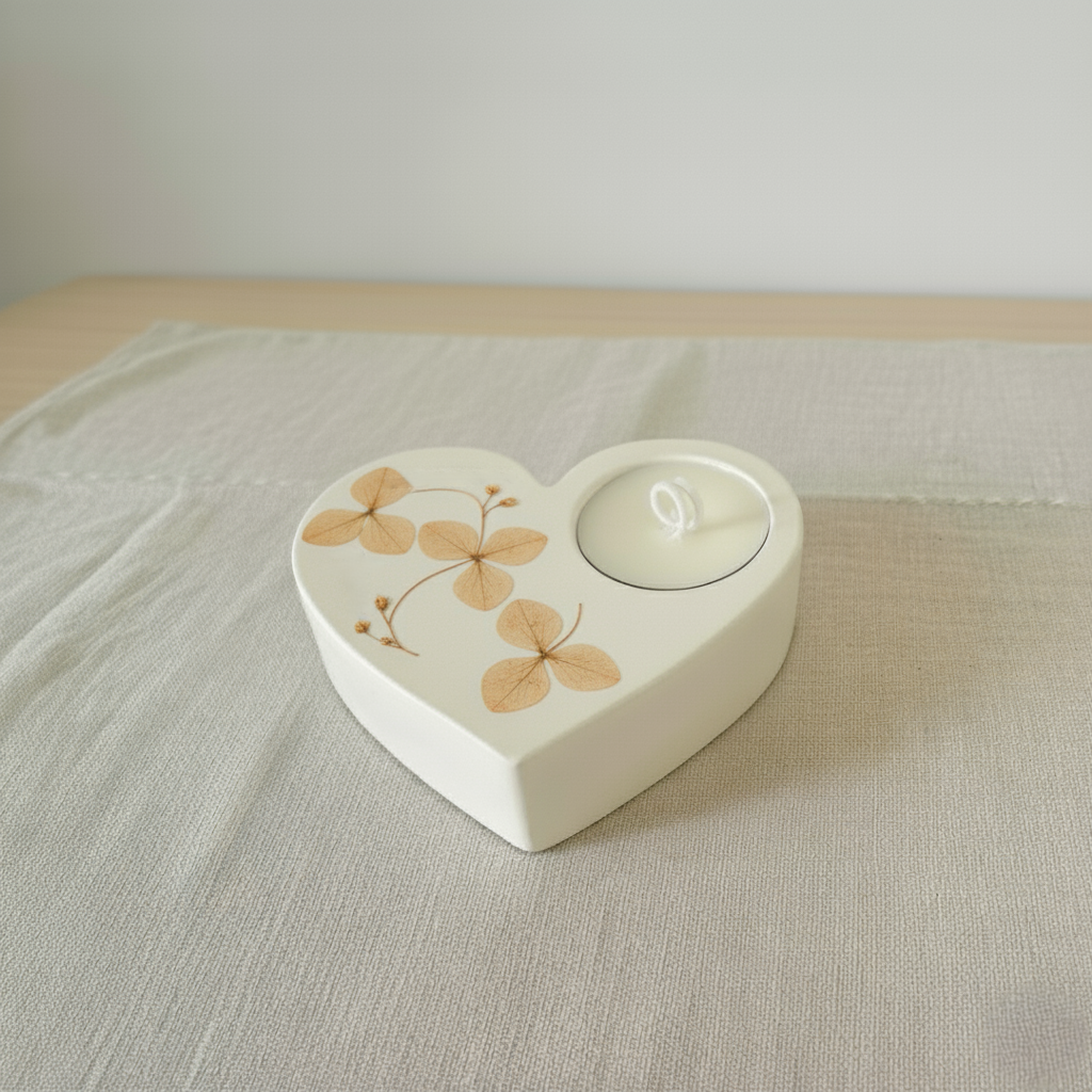 Portacandela a forma di cuore in polvere di ceramica con fiori essiccati arancioni, complemento home decor artigianale, idea regalo personalizzato  per anniversari