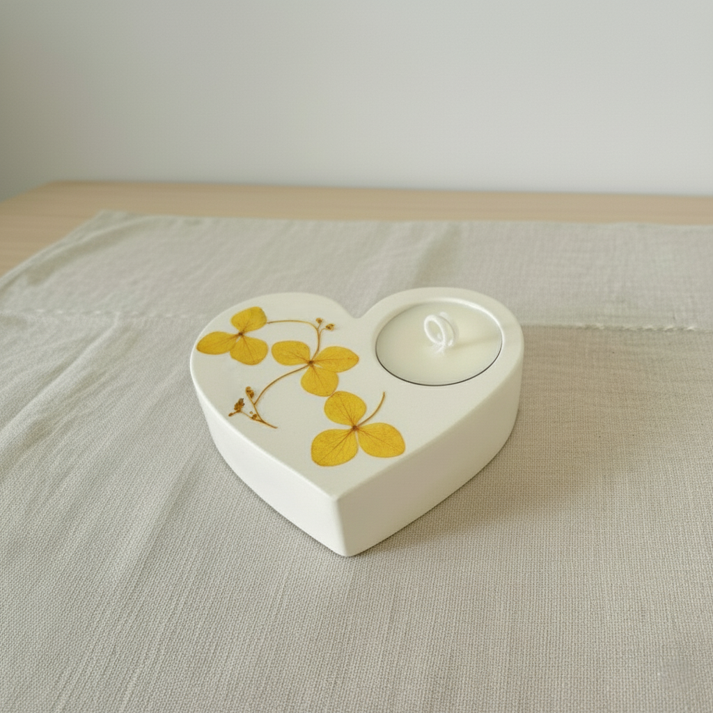 Portacandela a forma di cuore in polvere di ceramica con fiori essiccati gialli, complemento home decor artigianale, idea regalo personalizzato  per anniversari