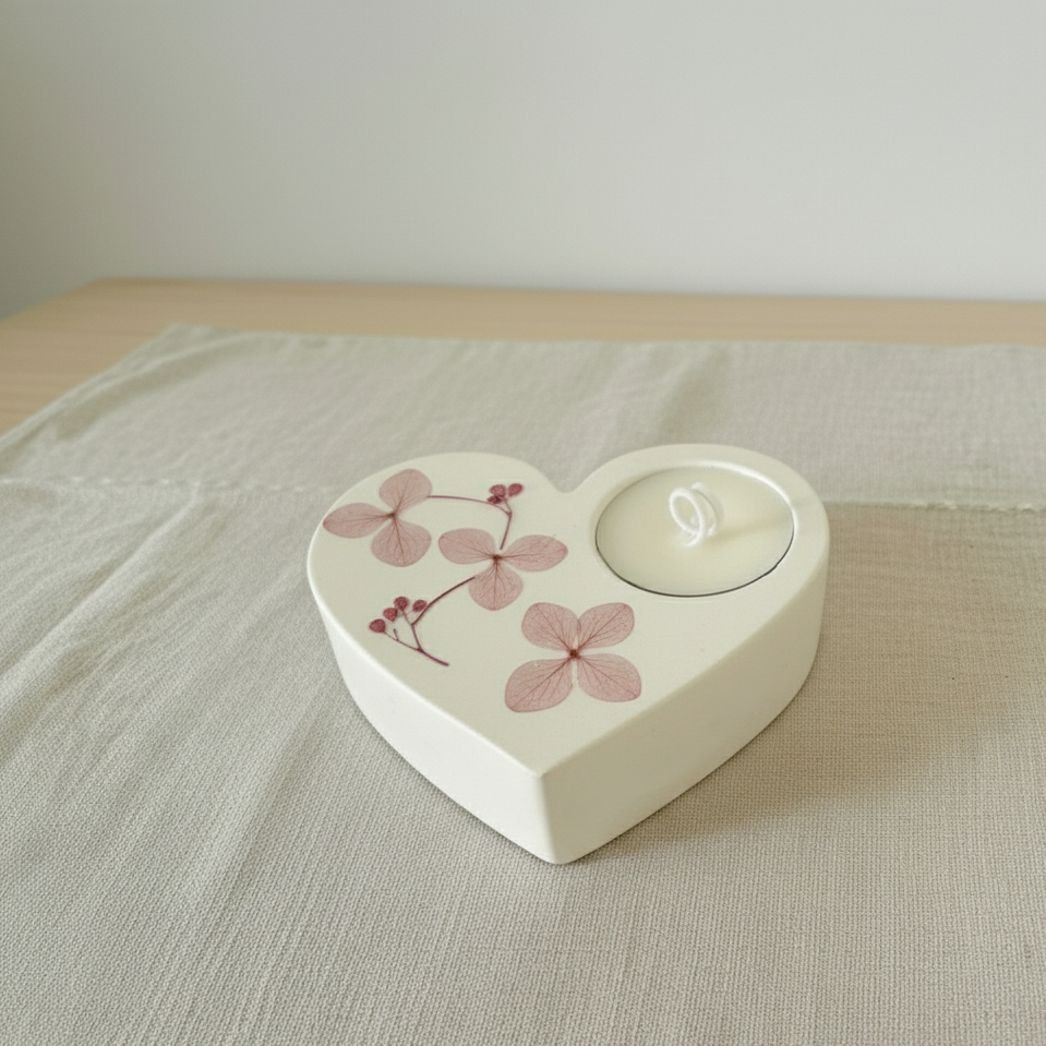 Portacandela a forma di cuore in polvere di ceramica con fiori essiccati rosa, complemento home decor artigianale, idea regalo personalizzato  per anniversari