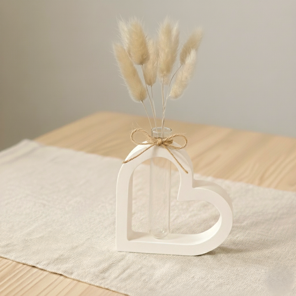Vaso a forma di cuore in polvere di ceramica con boule in vetro e composizione con fiori secchi, complemento home decor artigianale, idea regalo per anniversari ed eventi speciali